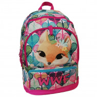 ZAINO SCUOLA ORGANIZZATO WWF GIRL ILLUSTRATO ANIMALI PICCOLA VOLPE CON FIORELLINI 32X23X43CM 2 ZIP PANINI SCUOLA ITALY