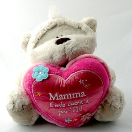 PELUCHE ORSETTO FIZZY MOON SEDUTO 20 CM.CON CUSCINO ROSA A CUORE MAMMA IL MIO CUORE E PER TE!