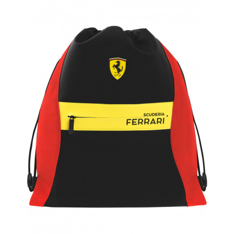 ZAINO A SACCA COULISSE CON SPALLACCI TASCA ESTERNA CON ZIP SCUDERIA FERRARI ROSSO O NERO 40X34CM DA PANINI SCUOLA ITALY