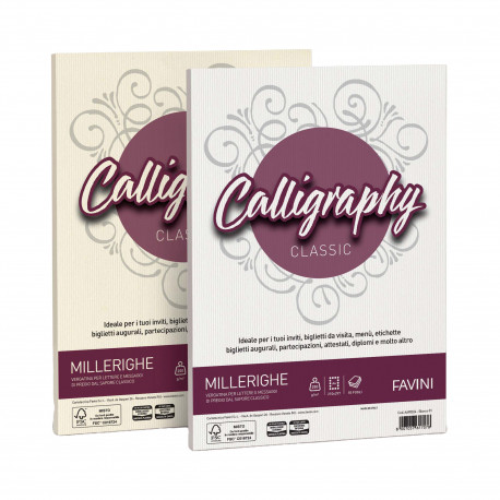 RISMA A4 50 FOGLI CARTONCINO DI PREGIO CALLIGRAFY MILLERIGHE AVORIO 02 INK JET 200GR.MQ. 210X297MM FAVINI MADE IN ITALY