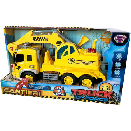 TRUCK D-FORCE SCATOLA COSTRUISCI LA CITTÀ SCAVATRICE SU CAMION GIALLI 30X18XCM A FRIZIONE SCALA 1:16 CON LUCI E SUONI