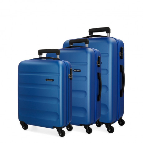 SET 3 TROLLEY DA VIAGGIO ABS 4 RUOTE ROLL ROAD AZZURRO VALIGIA BAG.A MANO 39X55X20 STIVA52X75X28-55X65X75CM CHIUS.A COMB