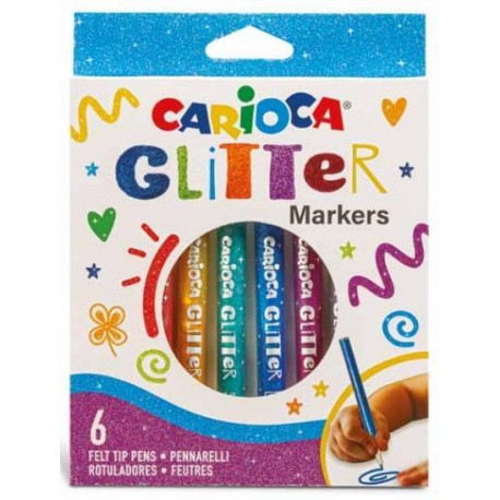 ASTUCCIO 6 PENNARELLI GLITTER MARKERS INCHIOSTRO BASE ACQUA LIGHT FAST PUNTA FINE 2,8MM ALTA QUALITÀ CARIOCA ITALY