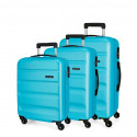 SET 3 TROLLEY DA VIAGGIO ABS 4 RUOTE ROLL ROAD AZZURRO VALIGIA BAG.A MANO 39X55X20 STIVA52X75X28-55X65X75CM CHIUS.A COMB