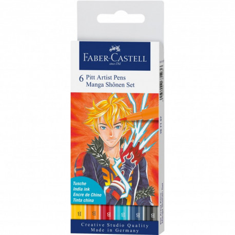 PENNARELLI INCHIOSTRO PIGMENTATO DI CHINA 6COLORI PITT ARTIST PENS MANGA SHONEN SET CREATIVE STUDIO QUALITY FABERCASTELL