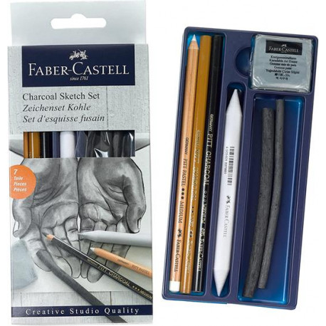 CREATIVE STUDIO SET 7 PEZZI PER DISEGNARE E SCHIZZARE CHARCOAL SKETCH SET CREATIVE CARBONCINO MATITE GOMMA FABER CASTELL