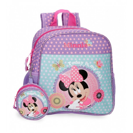 ZAINO ASILO MINNIE DISNEY TODAY IS MY DAY 21X25X10CM CON ASTUCCIO TONDO PORTATUTTO 9X9X4,5CM ZAINETTO TOPOLINA DISNEY