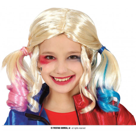PARRUCCA BIONDA CODINI MULTICOLOR HARLEY QUINN PER TRAVESTIMENTI DI HALLOWEEN/CARNEVALE E SPETTACOLI A TEMA HORROR