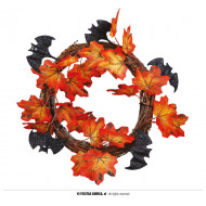 CORONA DA APPENDENDERE 30CM FOGLIE AUTUNNO E PIPISTRELLI NERI GLITTER HALLOWEEN PER ADDOBBI HORROR PER CASA SALE FESTE