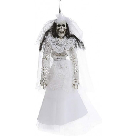 SCHELETRO APPENDIBILE SPOSA ABITO BIANCO 40CM CAPELLI NERI MOSTRO ADDOBBI PER SALE FESTE E VETRINE HORROR HALLOWEEN