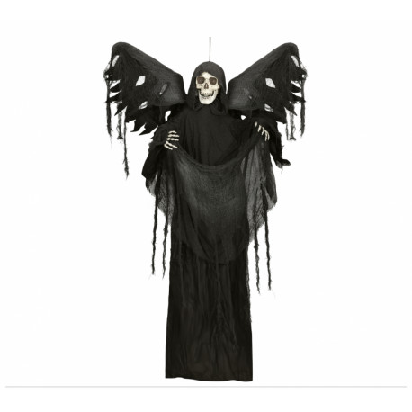 SCHELETRO TESCHIO APPENDIBILE 160CM LUCI E SUONI VESTITO DI STRACCI NERI PER ADDOBBI SALE FESTE VETRINE HORROR HALLOWEEN