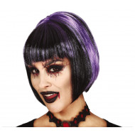 PARRUCCA CAPELLI NERI MECHES VIOLA A CASCHETTO LISCI PER TRAVESTIMENTI DI CARNEVALE E SCENE DA TEATRO TOP QUALITY