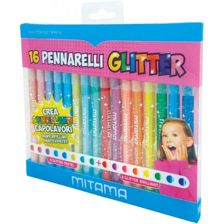 BOX CREA SCINTILLANTI CAPOLAVORI 16 PENNARELLI 8COLORI BRILLANT GLITTER 8 PASTEL GLITTER PER SCRIVERE E DISEGNARE MITAMA