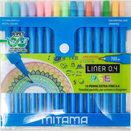 BOX 15 PENNE LINER PUNTA FINE 0,4MM IN FIBRA 15 COLORI PASTELLO PER SCRIVERE E DISEGNARE LUNGA SCRITTURA 700M MITAMA ITA