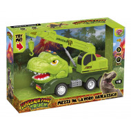 DINOSAUR PARK TRUCK T-REX GRU MEZZI DA LAVORO GIURASSICI 29CM CON BOTTONI PREMI E SUONA RUGGITO CLACSON ACCENSIONE