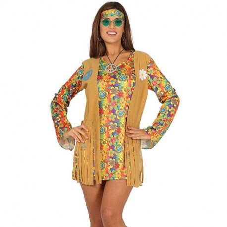 COSTUME CARNEVALE DA HIPPIE DONNA TAGL.S36/38 VESTITO COMPL. DI FASCIA E GILET I FIGLI DEI FIORI ANNI 60/70.NO ACCESSOR