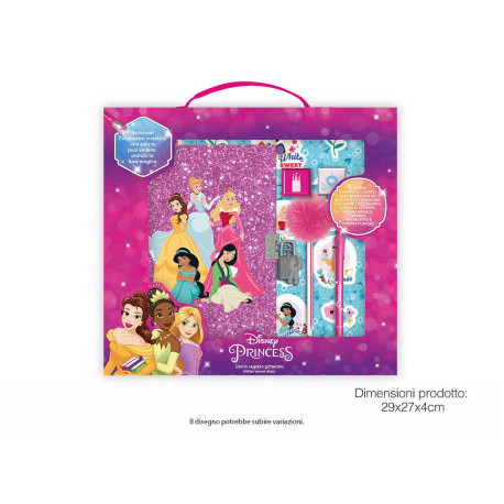 SET DISNEY JUNIOR PRINCESS LIBRODIARIO SEGRETO GLITTER CON LUCCHETTO+PENNA POMPOM+PENNA MAGICA+TIMBRO+INCHIOSTRO+STICKER