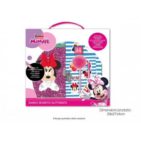 SET DISNEY JUNIOR MINNIE LIBRODIARIO SEGRETO GLITTER CON LUCCHETTO+PENNA POMPOM+PENNA MAGICA+TIMBRO+INCHIOSTRO+STICKER