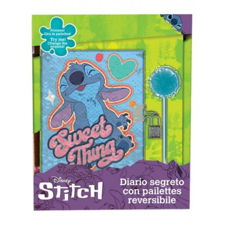 SET DISNEY JUNIOR LIBRODIARIO SEGRETO CON PAILLETTES REVERSIBILI + PENNA POMPOM STITCH DISNEY DIARIO CON LUCCHETTO