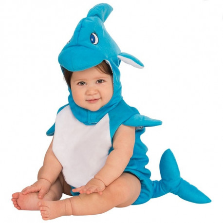 COSTUME DELFINO BABY 1/2 ANNI VESTITO PAGLIACCETTO E COPRICAPO BIANCO E AZZURRO PER TRAVESTIMENTI DI CARNEVALE RUBIES