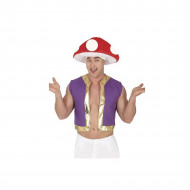 SET2 PEZZI PER CARNEVALE MARIO COSTUME DA FUNGO TG L52/54 CAPPELLO IMBOTTITO BIANCO ROSSO GILET VIOLA E ORO NO ACCESSORI