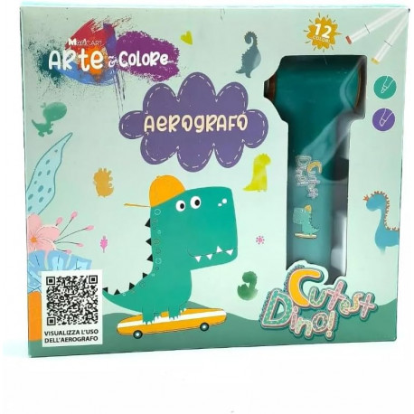 SET ARTE E COLORE CUTEST DINO AEROGRAFO 1 NEBULIZZATORE ELETTRICO+12 PENNARELLI A2 PUNTE 12COLORI 1STENCIL 15X21CM+LIBRO