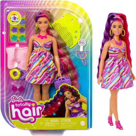 BARBIE SUPER CHIOMA BAMBOLA CURVY CON ABITO A FIORI CAPELLI FANTASIA LUNGHI 21,6CM 15 ACCESSORI ALLA MODA 8CAMBIA COLORE