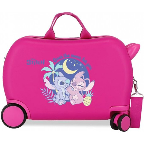 TROLLEY CAVALCABILE 4 RUOTE ABS DISNEY STITCH IN THE MOON FUCSIA31X45X20CM VALIGIA DA CABINA RIGIDA LEGGERA CON TRACOLLA