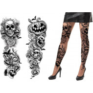 COLLANT NERI CON TATUAGGI HORROR TG UN 112/160CM ADULTI PER TRAVESTIMENTI DI HALLOWEEN E CARNEVALE SPETTACOLI