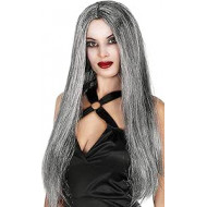 PARRUCCA DA STREGA LUNGA LISCIA CAPELLI GRIGIO NERI PER TRAVESTIMENTI DI HALLOWEEN/CARNEVALE A TEMA HORROR HIGH QUALITY
