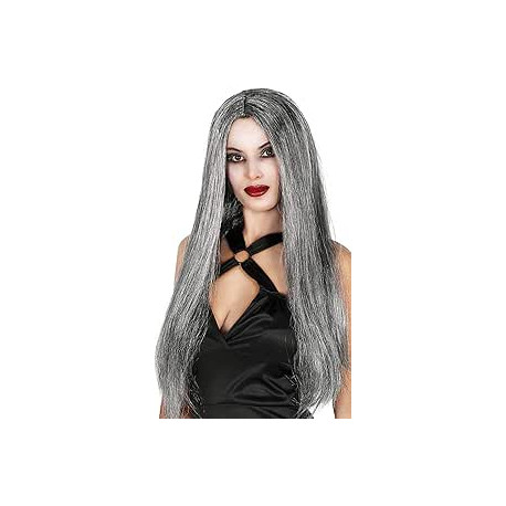 PARRUCCA DA STREGA LUNGA LISCIA CAPELLI GRIGIO NERI PER TRAVESTIMENTI DI HALLOWEEN/CARNEVALE A TEMA HORROR HIGH QUALITY