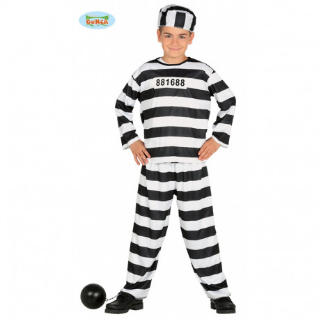 COSTUME CARNEVALE PRIGIONIERO 10/12 ANNI VESTITO COMPLETO T-SHIRT/PANTALONI/CAPPELLO DA DETENUTO CARCERATO NO ACCESSORI