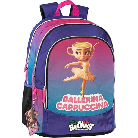 ZAINO ORGANIZZATO 3ZIP SKIFIDOL ITALIAN BRAINROT BALLERINA CAPPUCCINA SCUOLA TEMPO LIBERO 44X33X22CM PANINI SCUOLA ITALY