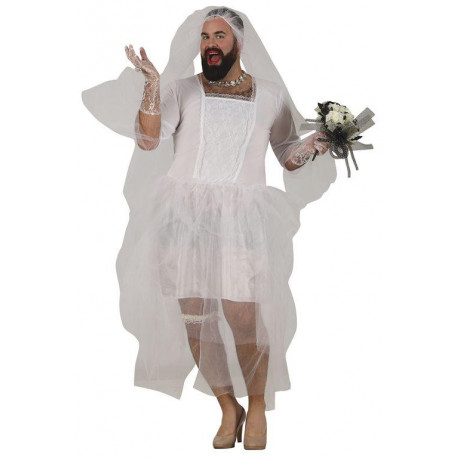 COSTUME CARNEVALE DA SPOSA UOMO ABITO TG XL 54/56 SPOSO VESTITO COMPLETO DI VELO BIANCO DA CERIMONIA NO ACCESSORI