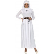 COSTUME SUORA BIANCO VESTITO COMPLETO CUFFIA E CINTURA TG.L PER TRAVESTIMENTI DI CARNEVALE SCENE RELIGIOSE NO ACCESSORI