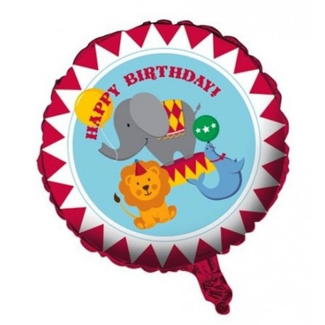 FOIL BALLON HAPPY BIRTHDAY CIRCUS TIME 45CM.BIANCOROSSO CON STAMPA ANIMALI GONFIATO CON GAS ELIO.