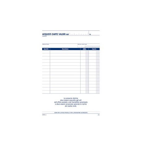 REGISTRO ACQUISTO VALORI BOLLATI.FORMATO A5 15X21,5 MODULI IN DUPLICE COPIA AUTORICALCANTI.DATA UFFICIO ITALY