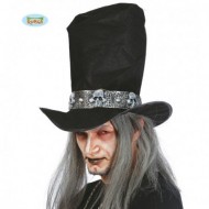 CAPPELLO STREGONE CON FASCIA DI TESCHI CON CAPELLI GRIGI INCLUSI 30CM DI ALTEZZA X 35 BASE.CARNEVALE HALLOWEEN