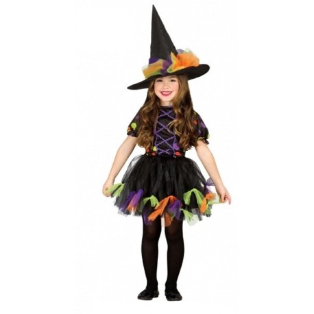 COSTUME CARNEVALE STREGA/BRUJITA HALLOWEEN 2 PEZZI VESTITO PIU. CAPPELLO 3/4 ANNI 100% POLIESTERE ALTA QUALITA. COD85517