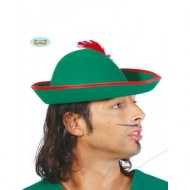 CAPPELLO CARNEVALE ROBIN HOOD VERDE CON PIUMA E BORDINO ROSSO. RIGIDO 100% POLIESTERE COD.13519 GUIRCA