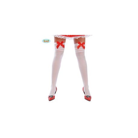 CALZE NYLON BIANCHE CON FIOCCO ROSSO IN ALTO PER FESTE E TRAVESTIMENTI DI CARNEVALE COD.16555 COD.B.8434077165553