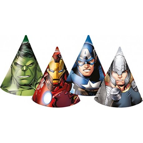 BLISTER 6 CAPPELLINI DI CARTA DECORATI AVENGERS ASSEMBLE MULTI HERO PER FESTE DI COMPLEANNO E PARTY VARI 12X12X16CM.