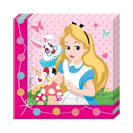 CONFEZIONE 20 TOVAGLIOLI CARTA DECORATI ALICE NEL PASE MERAVIGLIE DISNEY ORIGINAL 33X33CM.DOPPIO VELO