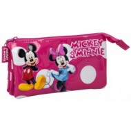 BUSTINA SCUOLA NECESSER 3 SCOMPARTI MINNIE E MICKEY LUNARES DISNEY ORIGINAL FUCSIA LUCIDO 22X12X5CM.PVC.POLIESTERE