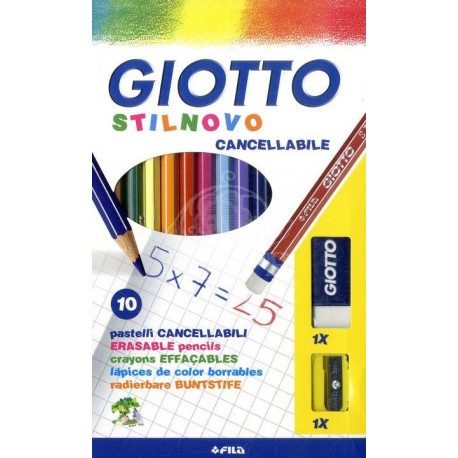 ASTUCCIO GIOTTO STILNOVO PASTELLI LEGNO CANCELLABILI 10 COLORI VIVACI MINA 3,3 MM.TEMPERINO E GOMMA COMPRESI FILA ITALY