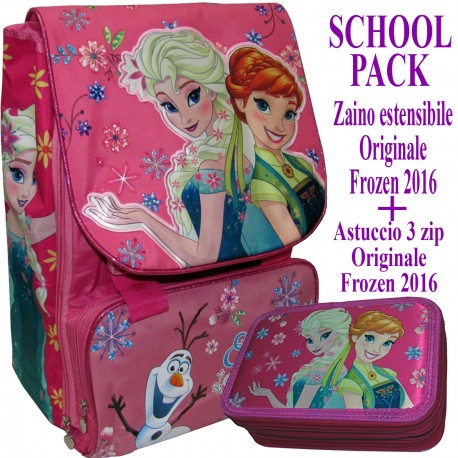 SCHOOL PACK FROZEN DISNEY ELSA ANNA ORIGINALE ZAINO ESTENSIBILE ED ASTUCCIO 3 ZIP COMPLETO OFFERTA KIT SCUOLA 2016