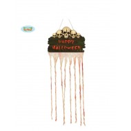 CARTELLO APPENDIBILE CON TESCHI E SCRITTA HAPPY HALLOWEEN 35X80CM.PER DECORAZIONI VETRINE E LOCALI FESTE DI HALLOWEEN