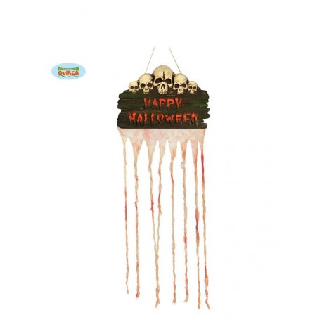 CARTELLO APPENDIBILE CON TESCHI E SCRITTA HAPPY HALLOWEEN 35X80CM.PER DECORAZIONI VETRINE E LOCALI FESTE DI HALLOWEEN