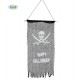 LOCANDINA IN STOFFA NERA PIRATA HAPPY HALLOWEEN 75X40CM.ARTICOLI DECORATIVI PER VETRINE E LOCALI X FESTE DI HALLOWEEN