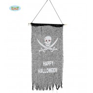 LOCANDINA IN STOFFA NERA PIRATA HAPPY HALLOWEEN 75X40CM.ARTICOLI DECORATIVI PER VETRINE E LOCALI X FESTE DI HALLOWEEN